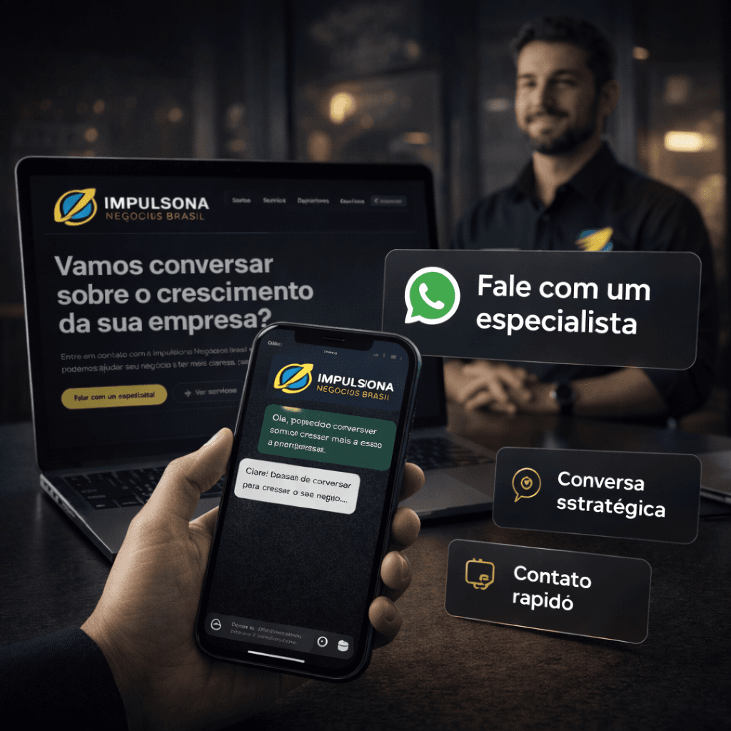 Ambiente sofisticado de reunião com telas e branding para iniciar um contato estratégico