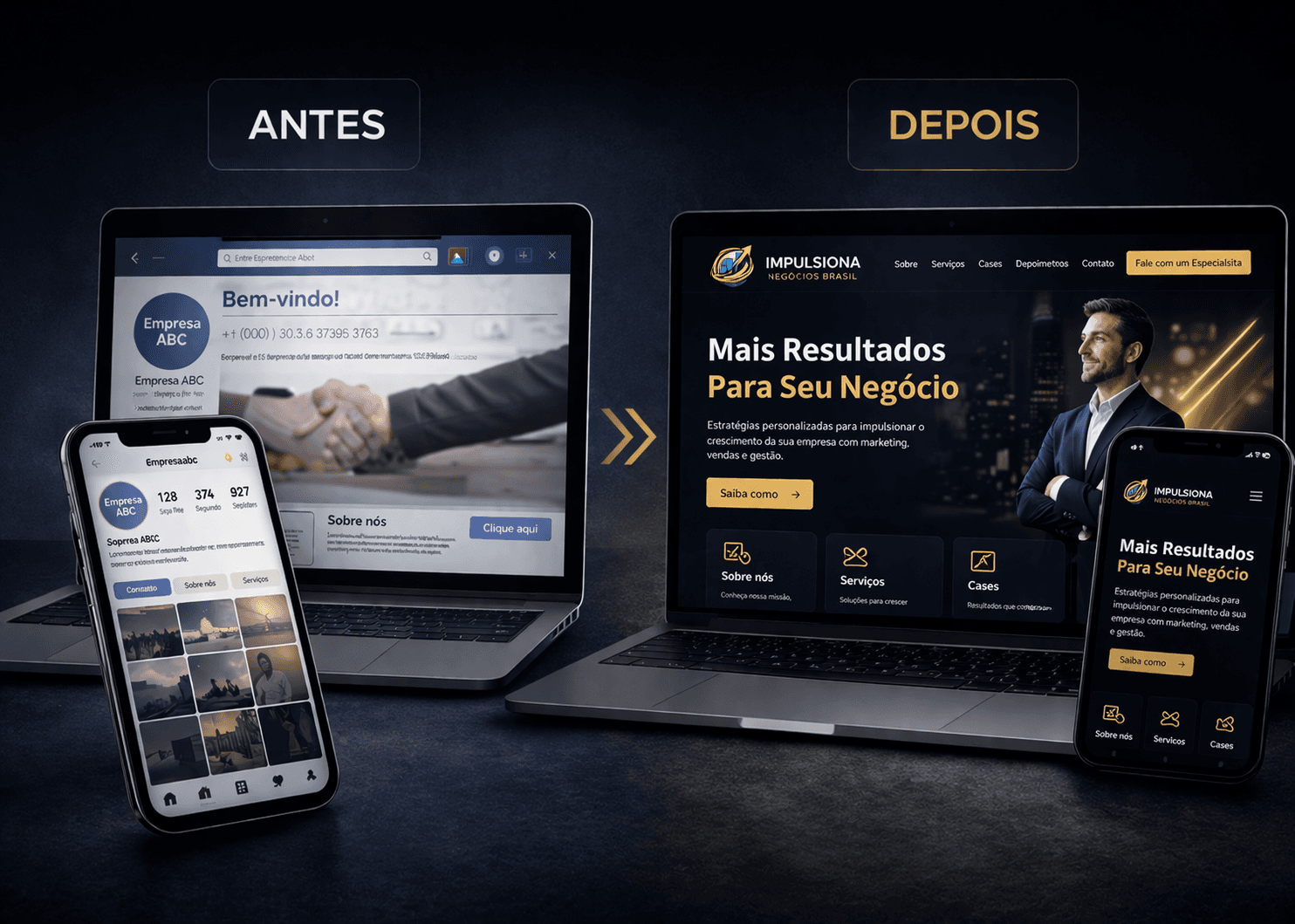 Composição de telas, branding e presença digital organizada com foco em percepção premium