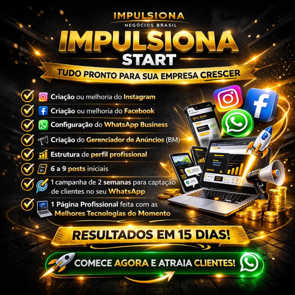 Mockup do Impulsiona Start com presença digital, branding e comunicação organizados em composição premium