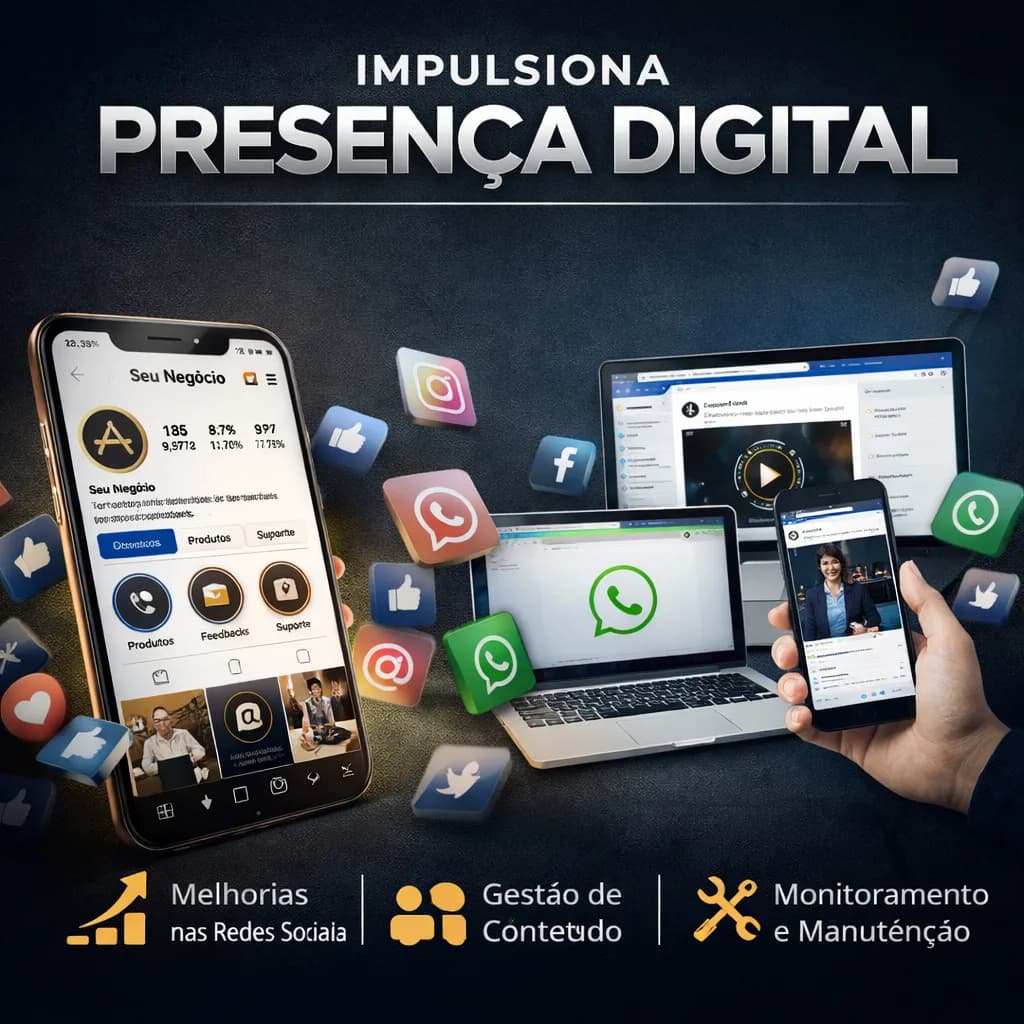 Canais digitais organizados com telas de celular, Instagram e comunicação visual estratégica