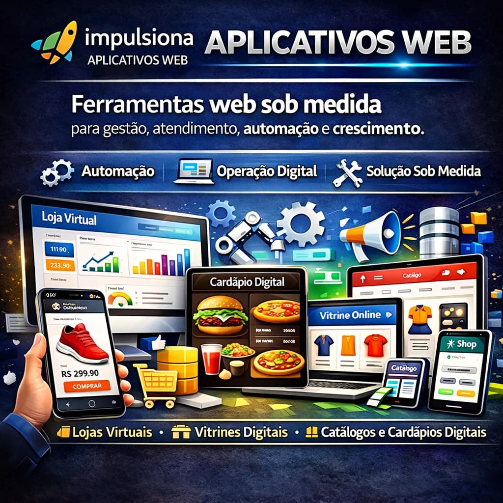 Interface de aplicativo web com dashboards, automação de processos e operação digital organizada