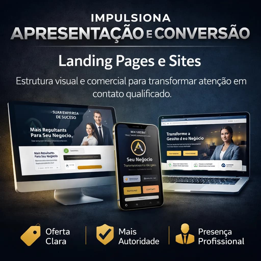 Layout institucional premium com foco em páginas de alta conversão, apresentação comercial e autoridade digital